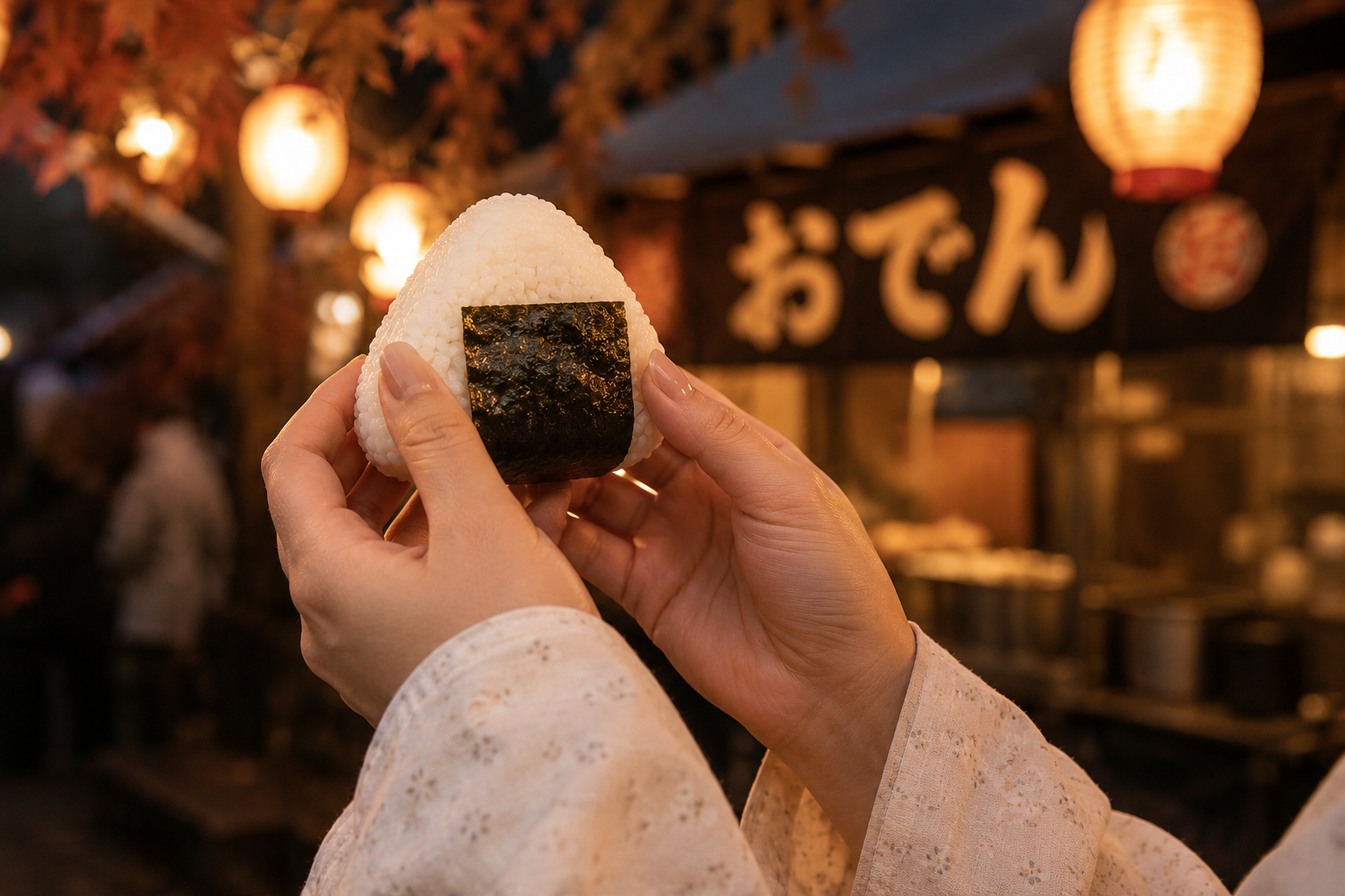 おにぎりを持つ手。秋祭りの灯り。
