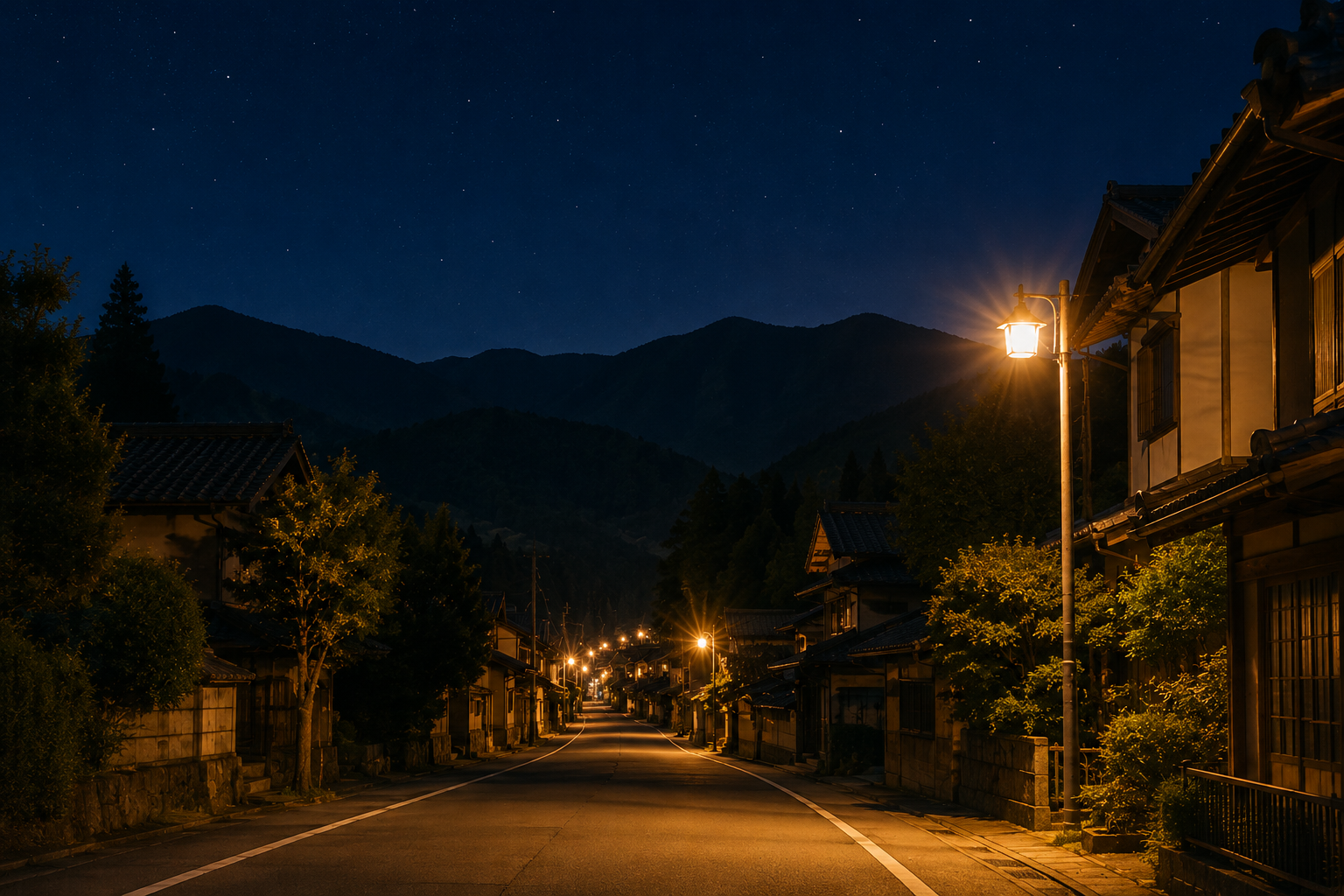 夜の役場前の通り